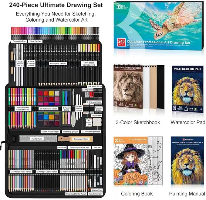240PCS Artists Art Supplies - Drawing Kit with 3 Sketchbook, Coloring book - Graphite,Colored, Charcoal, Watercolor,Metallic,Fluorescent & Rainbow Pencils - for Artists and Beginners