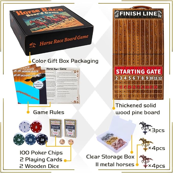 Jyquorp Horse Race Board Game, Solid Wood Foldable Racing Board with 11 Metal Horses, 2 Dice and 2 Boxes of Cards, Portable Travel Game for Family Parties and Holiday Gatherings