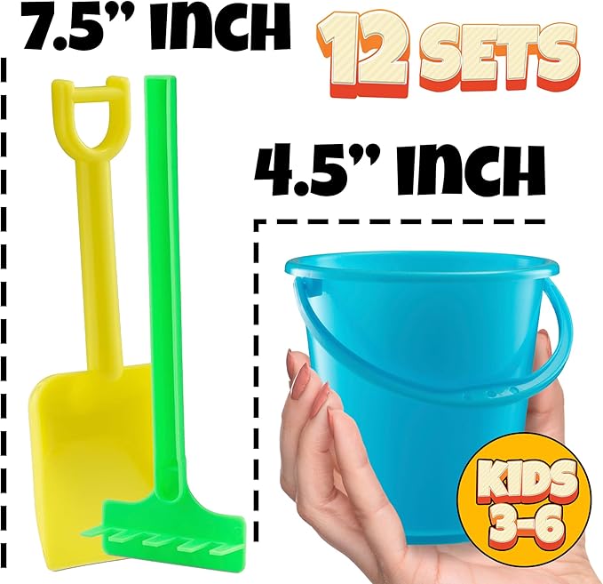 Mini 4.5-Inch Beach Buckets for Kids - (12 Pack) Sand Buckets and Shovels with Rakes - Small Beach Pails - Sturdy Unbreakable Plastic - Beach Party Favors for Toddlers Ages 3-6