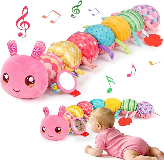 Baby Girl Toys 0-6 Months Musical Stuffed Caterpillar Pink Toys for Infant 0-3 3-6 Month Tummy Time Sensory Newborn Toys with Mirror Crinkle Rattle for 2 3 4 5 6-12 Month Old Babies Girl Shower Gifts