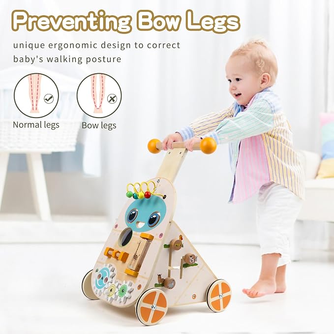 Wooden Baby Walker, Adjustable Speed Baby Push and Pull Learning Activity Walker, Wooden Push Walker Activity Center Toy with 7 Educational Activities, Learning & Walking Toy for Boys Girls