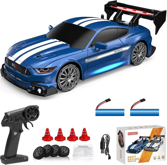 1:24 Scale RC Drift Car 4WD 2.4GHz 30KM/H High Speed Racing Sport Toy Car with LED Lights, Racing and Drift Wheels(02-Blue)