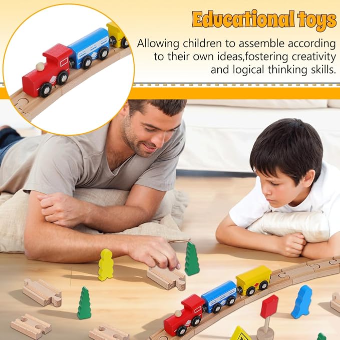 SEWACC 18Pcs Wooden Train Track Accessories Set Compatible with Major Toy Train Brands Includes Straight and Curved Tracks for Kids Ages 3 Enhances Creativity and Motor Skills