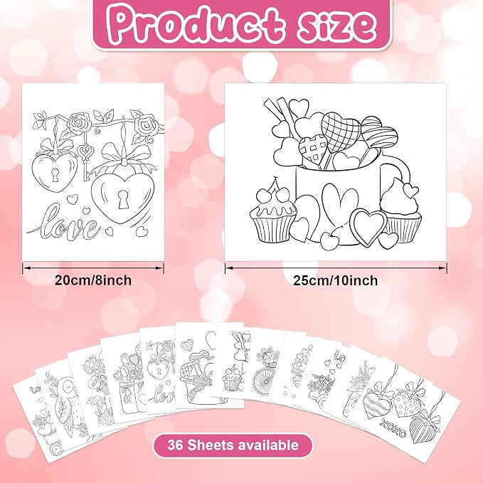 COCHIE 36PCS 8x10 Inches Valentine's Day Coloring Pages for Kids, Bulk Color Your Own Valentine Paper Crafts Classroom Activities Party Favors, Small Coloring Sheets Valentines Gifts