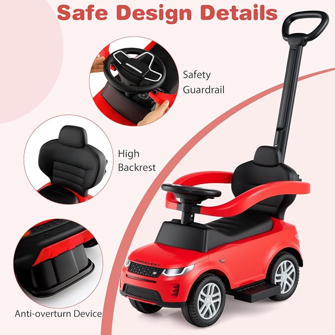 OLAKIDS Push Car for Toddlers, 3 in 1 Licensed Landrover Baby Ride on Toy with Parent Control Handle Safe Guardrails, Kids Sliding Walker with Under Seat Storage Horn for Boys Girls (Ruby)