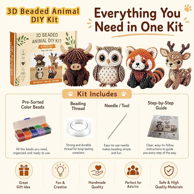 Temiaode 3D Beaded Animal Kit, 4 Pack DIY Bead Craft Set for Adults, Highland Cow Owl Red Panda Deer Beading Kit with Instructions, Creative Hobby Craft Gift for Animal Lovers