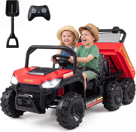 Costzon 2-Seater Ride on Dump Truck, 4WD 24V Kids Car Electric Vehicle with Remote Control, Electric Dump Bed, Shovel, Music, Story, Lights & Wireless Connection, Kids UTV for Boys Girls, Gift (Red)