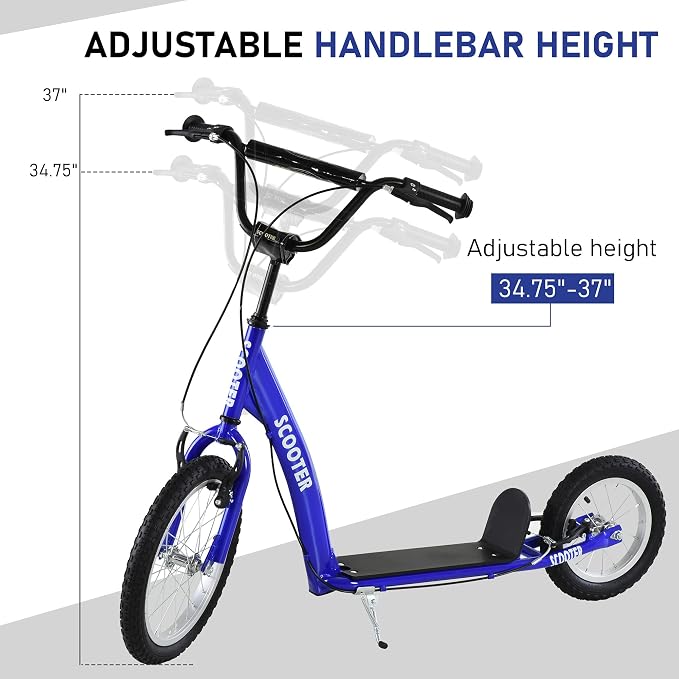 Aosom Youth Scooter Kick Scooter for Kids 5+ with Adjustable Handlebar 16" Front and 12" Rear Dual Brakes Inflatable Wheels