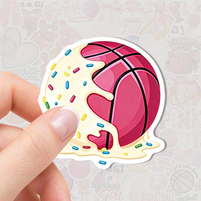 QTL Pink Basketball Stickers for Girls Teens, Basketball Party Supplies, Waterproof Vinyl Stickers for Water Bottles and Laptop, 50PCS