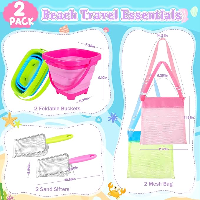 Meaicezli Beach Toys, 2 Packs Sand Toys for Shell Collecting, Collapsible Sand Buckets Shark Tooth Sifter and Mesh Bag, Shell Scooper for Beach Travel Essentials Kids Boys and Girls