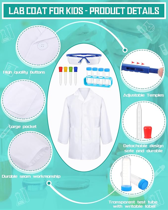 Unittype 6 Set 66 Pcs White Kids Lab Coats Bulk Children Girl Doctor Scientist Costume Lab Coat Goggles Test Tube Eyedropper(M)