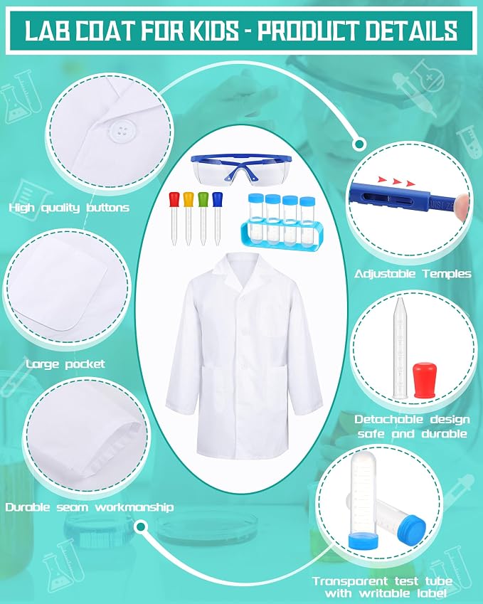 Unittype 6 Set 66 Pcs White Kids Lab Coats Bulk Children Girl Doctor Scientist Costume Lab Coat Goggles Test Tube Eyedropper(S)