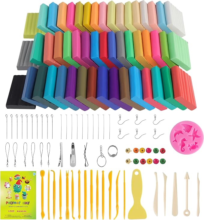 Non-Toxic Polymer Clay 50 Colors, Oven Bake Modeling Clay Kit, DIY Crafts | Ideal for DIY jewelry, miniatures, keychains, & home decor. Perfect for kids , teens, adults, craft beginners & pros