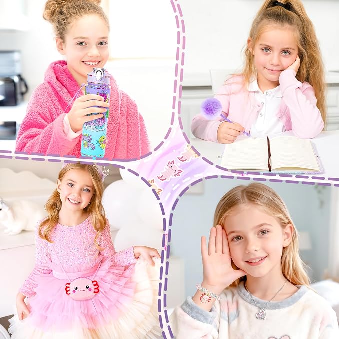 13PCS Axolotl Gifts for Girls 3 4 5 6 7 8 9 10 Years Old with Stationery Plush Diary with Lock/Glowing Blanket/Eye Mask/Crossbody Bag Teen Birthday Christmas Axolotl Gifts for Girls Kids