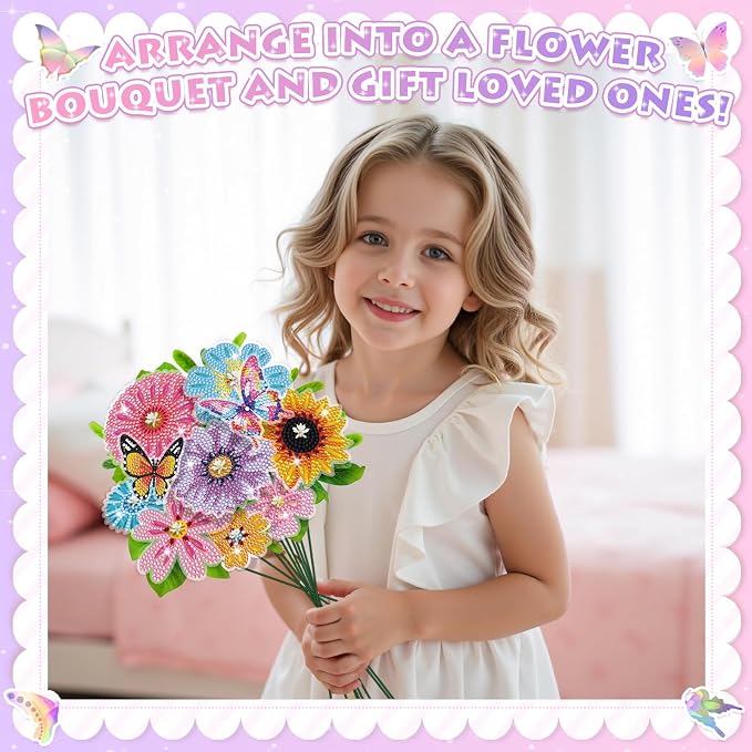 Crafts for Girls 8-12 - Make Your Own GEM Art Flower Bouquet - Arts and Crafts for Kids Ages 8-12 - Diamond Art Kits for Kids - 5D Dimond Art Paintings - DIY Art & Craft Gifts for 4 5 6 7 10 Year Old