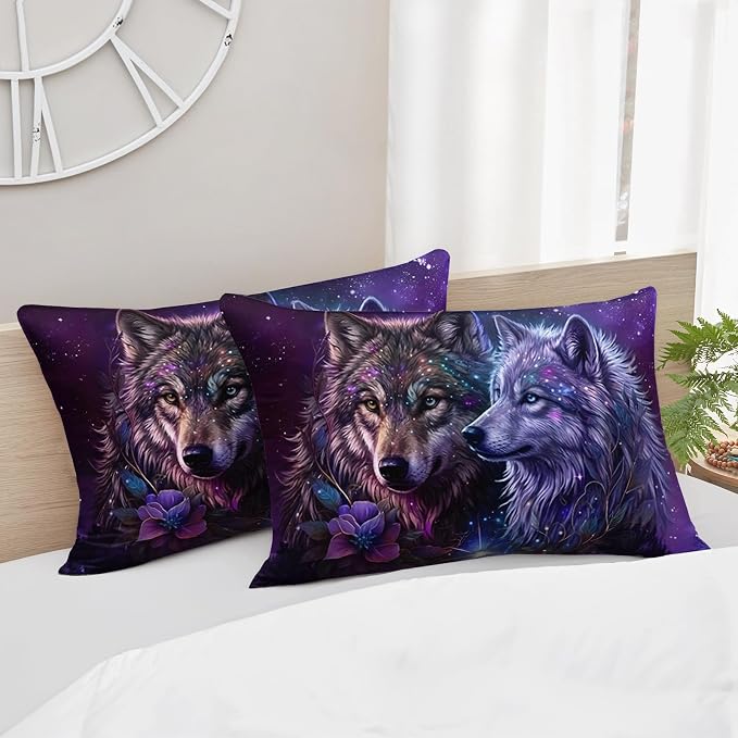 AILONEN Purple Galaxy Wolf Comforter Set - 3-Piece Twin Size Mystical Animal Starry Night Bedding for Room Decor, 2 Pillowcaases