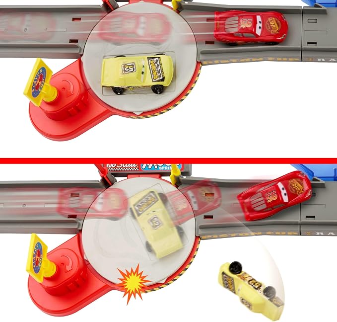 Mattel Disney Pixar Cars Playset & Toy Car, Tongue-Out Lightning McQueen & Crushed Car, Piston Cup Stunting Speedway Track Set Includes