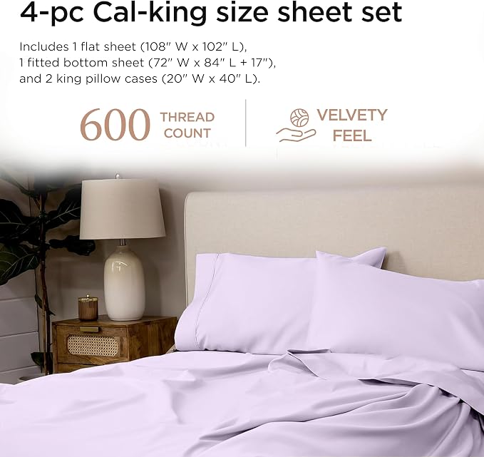 Threadmill California King Sheet Sets | 600 Thread Count Cal King Bed Sheets Set with 16” Deep Pocket | Sateen Weave 4-Piece Bedding Set with Cooling Effect | Lilac