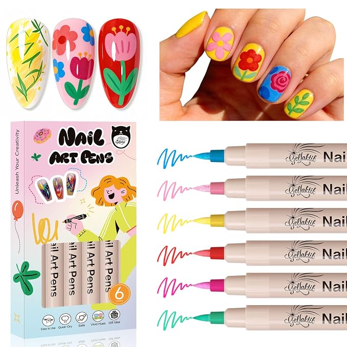 6 Colors Nail Art Pens Set, Spring Neon 3D Nail Polish Pens 0.7mm, Quick-Drying Acrylic Paint Markers, Dotting Liner Brush for DIY Nail Design, Home & Salon Manicure Tools Beginners Gifts
