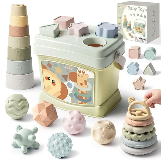 Baby Toys 6-12 Months, Montessori Toys for Babies, Shape Sorter & Stacking Rings & Stacking Cups & Sensory Balls, Teething Toys & Stacking Toys for 6+ Months, Neutral Color Gift for Boys Girls