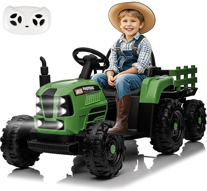 24V Ride on Tractor with Trailer, 400W Electric Car for Kids, Toddler Ride On Toy W/Remote Control, 3 Speed Adjustable, MP3, Bluetooth, LED Light, Blue