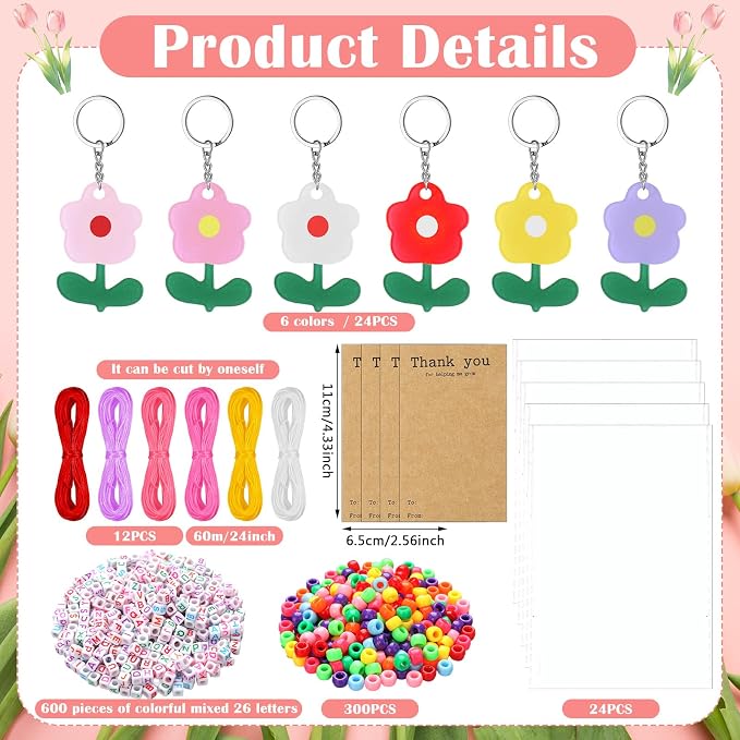 Suncalla 984 Pcs 24 Set Teacher Keychain Making Crafts Kit End of Year Teacher Keychain Gifts DIY Thank You for Helping Me Grow Gifts Flower Charm Name Letter Beads Cards Strings Kit