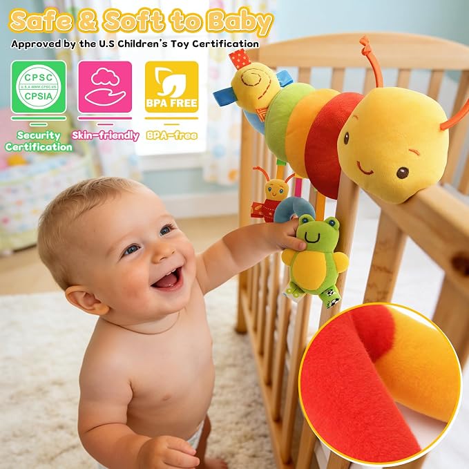 Car Seat Toys for Babies 0-6 Months, Hanging Carseat Toys for Infants 0-12 Months, Spiral Plush Caterpillar Sensory Stroller Toy with Rattles for Baby Essentials Newborn Boy Girl Shower Gifts