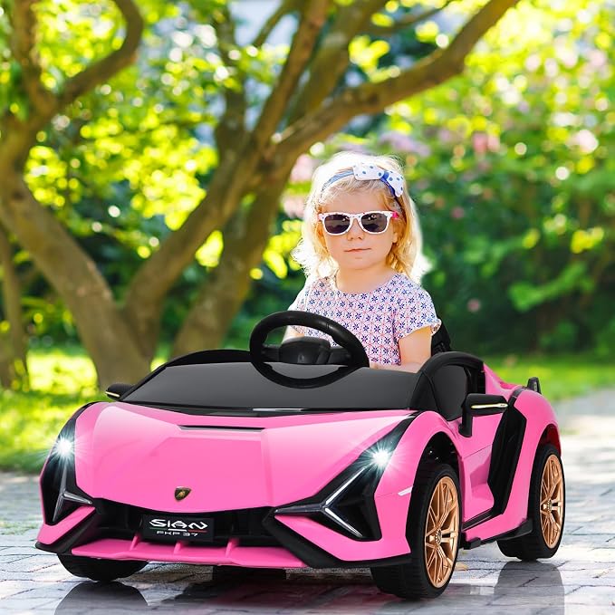 OLAKIDS Kids 12V Licensed Lamborghini SIAN Ride On Car, Electric Vehicle for Toddler with Control Remote, Battery Powered Toy with Music, Horn, 2 Speeds, Suspension, LED Lights, Bluetooth, USB (Pink)