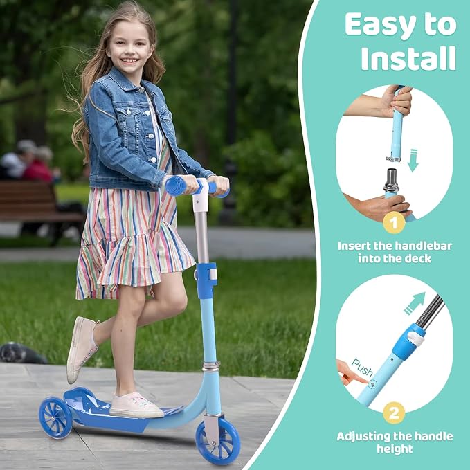 Kick Scooters for Kids 3-5 5-7 Years Age - Handlebars Safe-First Steer,Anti-Slip Deck,Height Adjustable Three Wheeled LED Lighted Up Toddler Scooter for Boy & Girl, Indoor Outdoor Kid Child Toy Gift