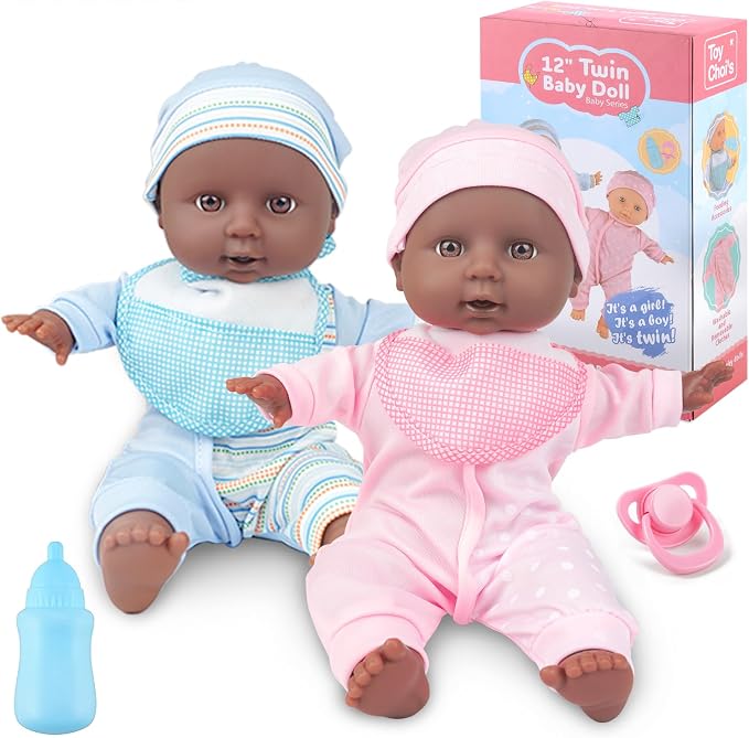 Toy Choi's Twin Baby Dolls 12 inch Soft Black Body Doll Set, Babydoll Playset with Rompers, Hat, Pacifier and Doll Bibs, Gifts Toys Toddlers Kids Boys and Girls