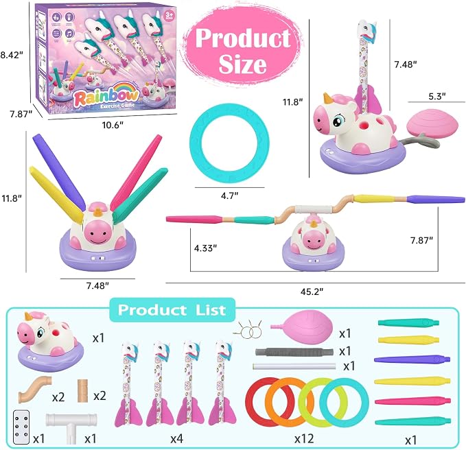Unicorn Stomp Rocket Launcher for Kids Ages 3-8, 3-in-1 Outdoor Toys for Girls with Musical Jumping Game, Ring Toss, Remote Control, Birthday Gift for Screen-Free Active Backyard Outdoor Play