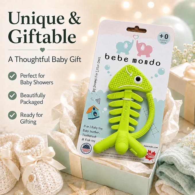 3 in 1 Infant Toys, Baby Teething Toys 3–6 6–12 Months, Teethers for Babies 0–3–6–12 Months for Teething Relief, Baby Gift, Baby Teether Toys, Silicone Sensory Toys, USA Patent Pending, Fish (Green)