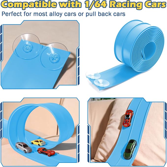 Flexible Race Track for Kids Flexible Car Track 15Ft Race Track Compatible with Diecast 1/64th Cars, Flex Tracks Roll Up Car Ramp Toy with Strong Suction Cups