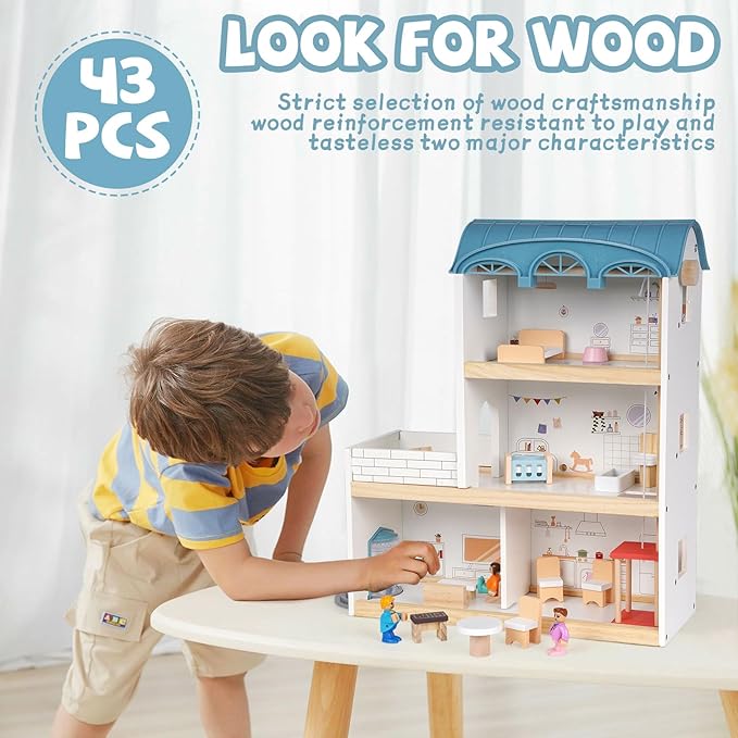 Wooden Dollhouse for Kids, 3-Story Wood Doll House Playset with Furniture, Accessories & 3 Toy Figures, DIY Pretend Play House for Toddlers, Girls & Boys, Miniature Dollhouse with Balcony Gift