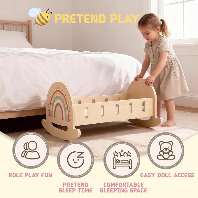 FReniland Wood Rocking Doll Crib for Dolls up to 18 Inches, Wooden Baby Doll Bed Dolls Cradle with Blanket & Pillow, Classic Pretend Play Toy for Kids Ages 3+