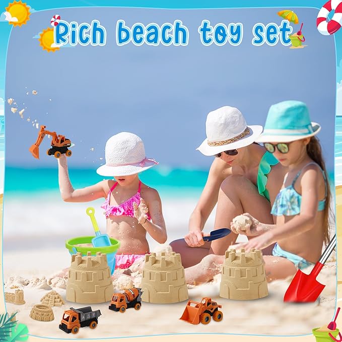 Beach Toys, 36 Pcs Sand Toys with 4 Construction Vehicles, 2 Collapsible Beach Bucket,1 Castle Buckets, Sand Castle Building Kit, Sand Molds, Shovel Set for Kids Boys Girls Age 3+