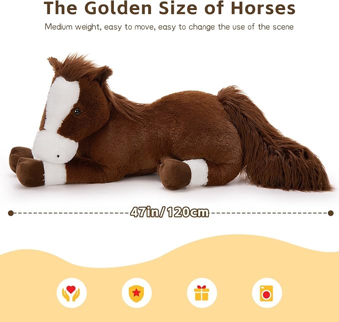 Tezituor 47 Inch Giant Horse Stuffed Animal, 4ft Large Chocolate Brown Pony Plush Toy, Realistic Farm Horse Plush Body Pillow Decor Birthday for Kids Girls Boys Horse Lovers