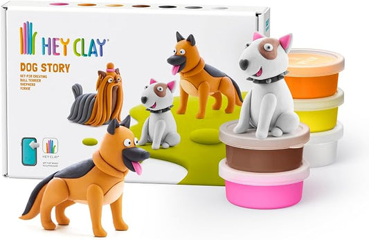 HEY CLAY Colorful Modeling Air Dry Clay for Kids 6 cans with Fun Interactive Instructions App - Kids Activities Age 3+ (Dog Story: Shepherd, Bull Terrier, Yorkie)