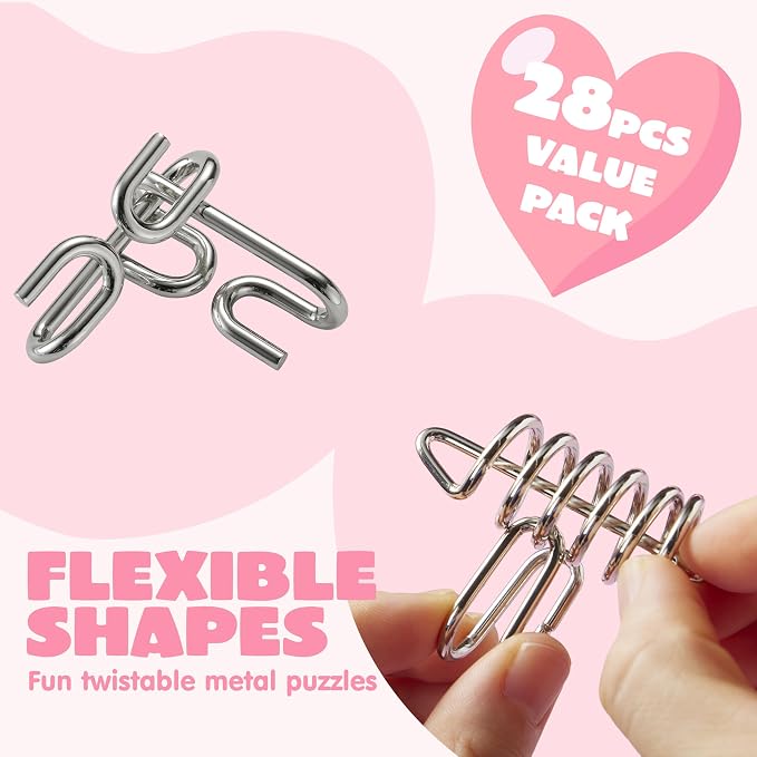 JOYIN 28PCS Valentine's Day Metal Wire Puzzles with Cards for Kids, Brain Teaser Puzzles with Explanation of the Solution and Valentine's Day Cards, School Classroom Boys Girls Exchange Gifts