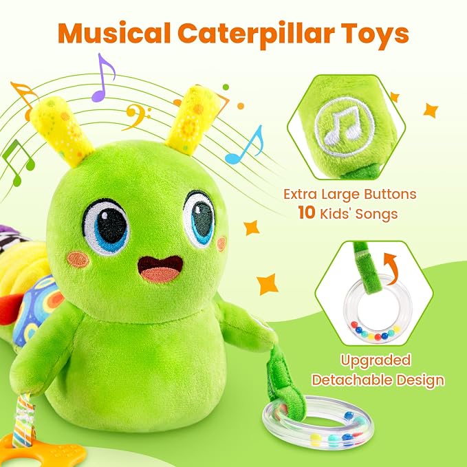 Baby Toys 0-6 Months, Washable Baby Musical Caterpillar Toys with 10 Children's Songs,Rattles,Teething Toys,Suitable for 0-6, 6-12 Months Infant Tummy Time Toy,Newborn Baby Boy&Gril Gifts(SoftGreen)