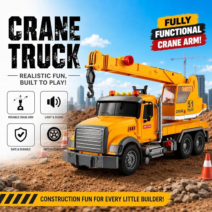 14" Yellow Large Crane Truck Toy,Tow Truck Toy,Construction Trucks for Boys Girls 3 4 5 6 7 8 Years Old,with Lights & Sounds,Holiday and Birthday Gift