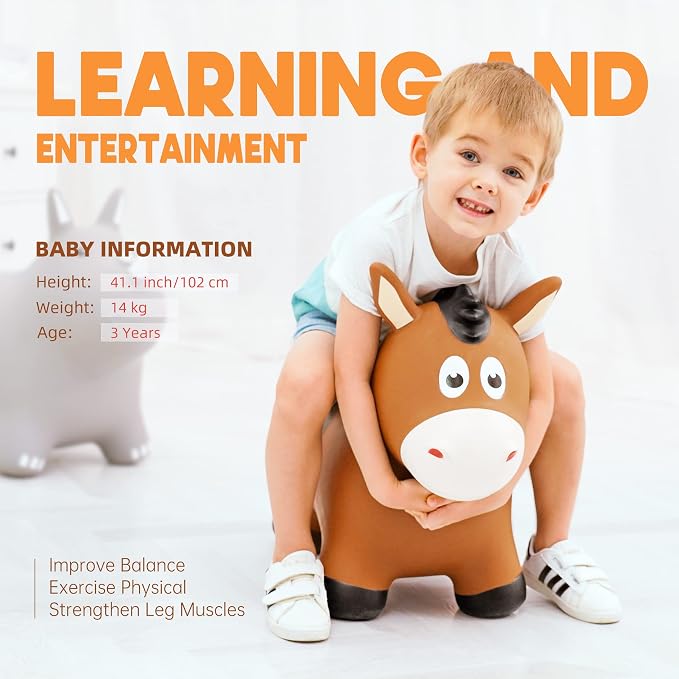 ZOOJOY Inflatable Horse Hopping Toys, Bouncy Animal Hopper Toys for Toddlers, Outdoor Indoor Bounce and Ride On Horse Bouncer for Boys Girls, Birthday Gifts for 18 Months 2 3 4 5 6 Year Old with Pump