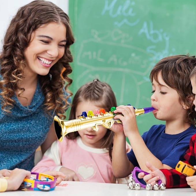 3 Pcs Kids Instruments Musical Toy Saxophone Trumpet Clarinet with 8 Color Coded Keys Educational Teaching Songs Gifts for Boys Girls Children Toddler Beginner Birthday Concert Party(Gold)