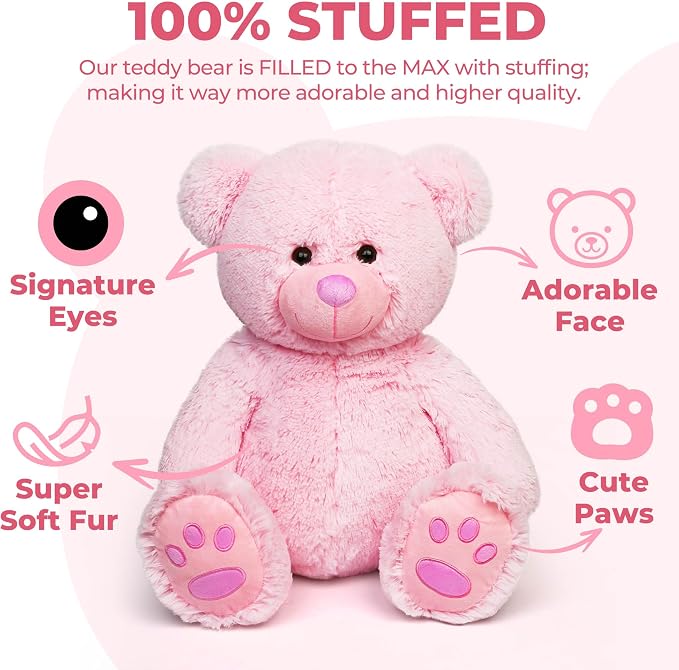 LotFancy Teddy Bear Stuffed Animals, 20 inch Soft Cuddly Cute Plushies, Plush Toys with Footprint Design, Stuffed Animals for Girls Kids Baby Toddlers, Baby Shower Easter Birthday Gift Decor, Pink