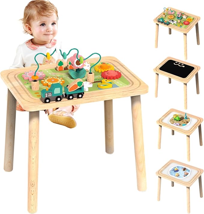 3-in-1 Baby Activity Table for 18-36 Months Old Kids Wooden Activity Center Sensory Play Table for Toddlers with Bead Maze Shape Sorter Montessori Toys Sand Table Must Have Birthday Gift for Girls Boy