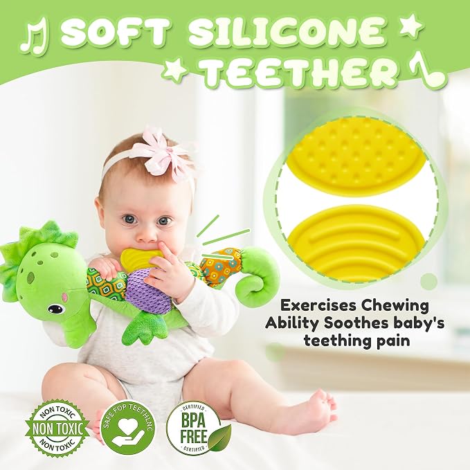 Awotoy Baby Toys 0 to 12 Months, Musical Stuffed Animal Activity Soft Toys with Multi-Sensory Crinkle, Rattle and Textures, Infant Tummy Time Toys for Newborn Boys Girls, Seahorse, Green
