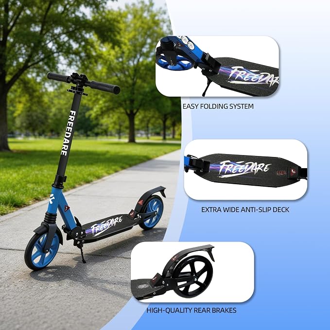 FREEDARE Kick Scooter for Kids & Adults Ages 8+, Foldable Teen Scooter with 2 Big 8-inch Wheels and 4-Level Adjustable Handlebar, Max Load 220 LBS