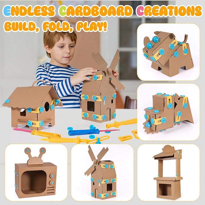 Zentara Cardboard Construction Toolbox Set with Wood Handle – 401PCS Complete Building Kit with Safe Cardboard Cutters for DIY Craft Item | STEM and STEAM Educational Toys for Boys and Girls Age 5+