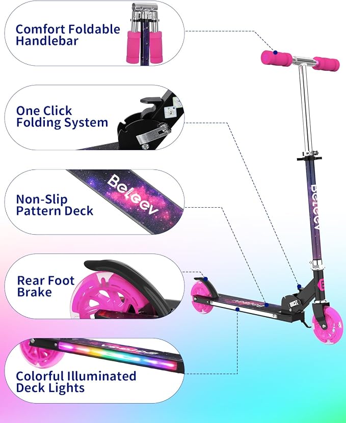 BELEEV V1 Scooters for Kids, 2 Wheel Folding Kick Scooter for Girls Boys, 3 Adjustable Height, Light Up Wheels, Lightweight Scooter with Sturdy Frame, Kickstand for Children 3 to 12 Years Old