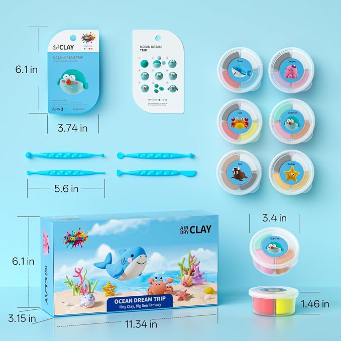 Air Dry Clay for Kids - 6 Ocean Themed Modeling Clay Kit, Model Magic Clay with Sculpting Tools and Tutorials, Ultra Light & Soft, Non-Toxic & Safe, DIY Arts and Crafts School Projects for Kids